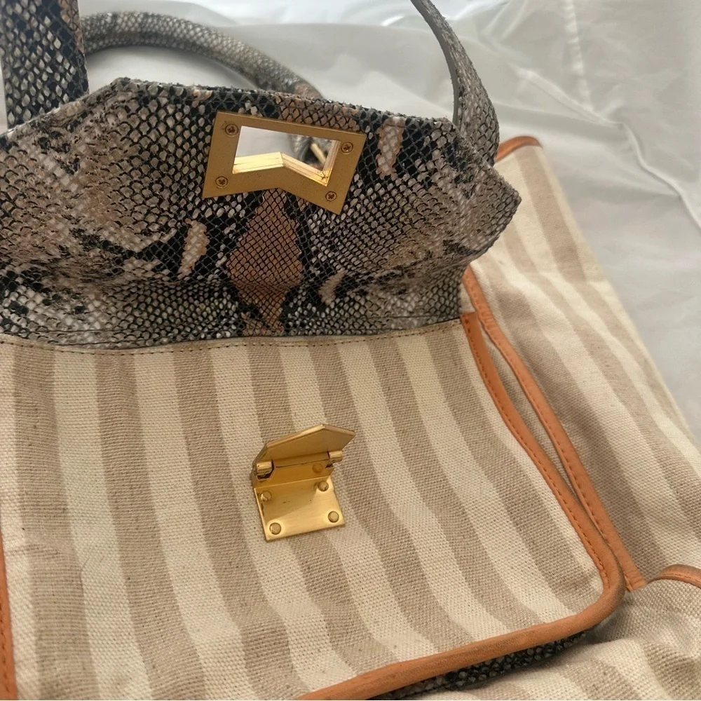 Treesje Beige Stripe Canvas Snakeskin Print Handbag Satchel Purse